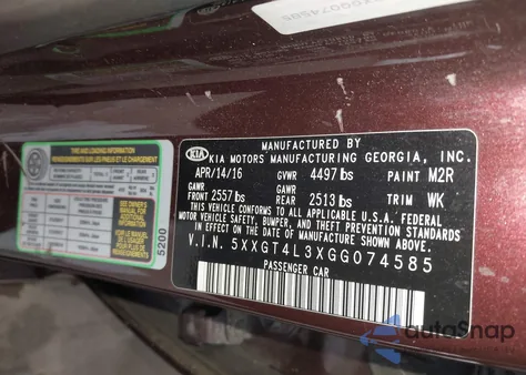 2016 Kia Optima Lx from USA, damaged, VIN 5XXGT4L3XGG074585